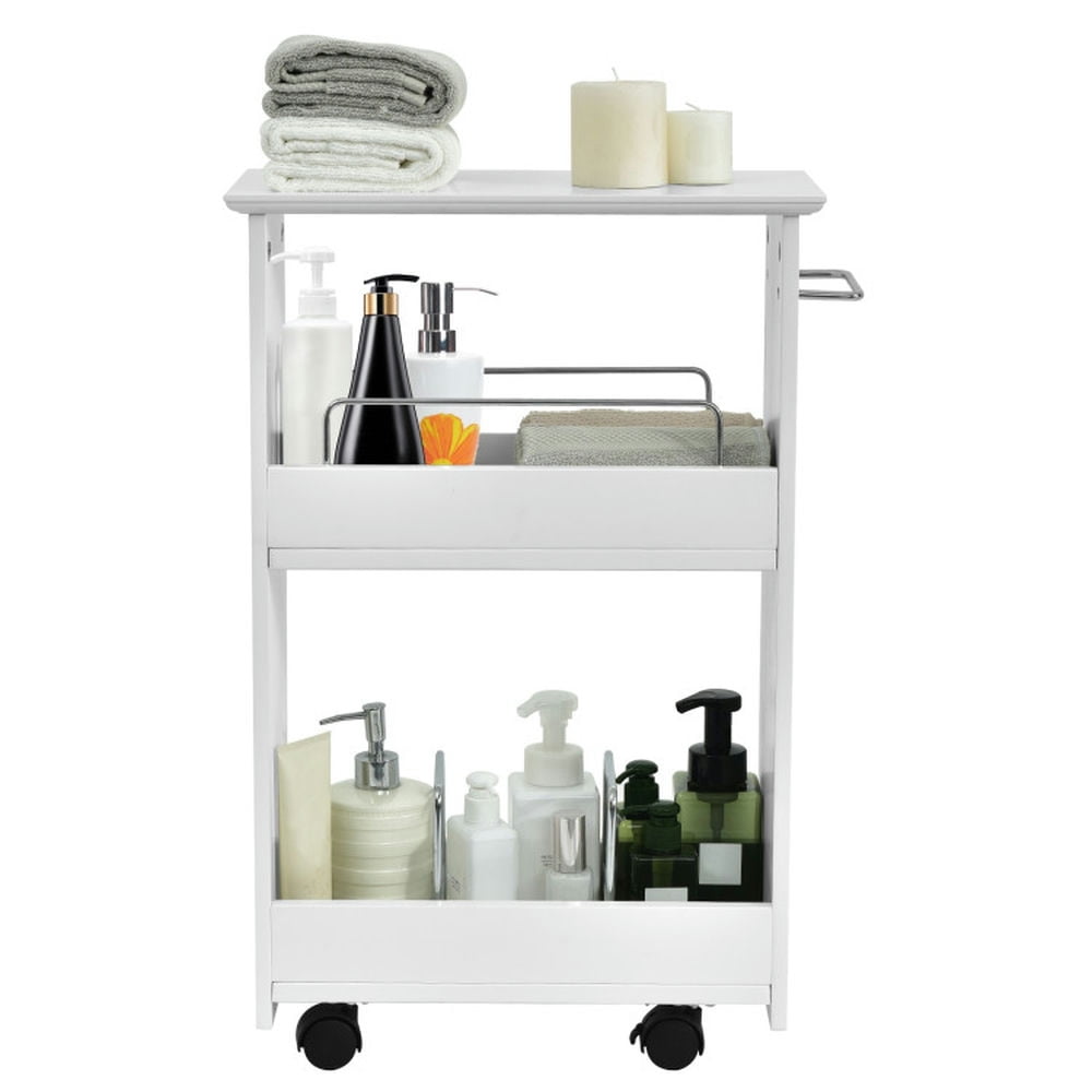 Finihen Storage Cabinet, Floor Cabinet, Slim Rolling 3-Tier Bathroom Mobile Shelving Cabinet wih Handle, for Bathroom, Living Room, Bedroom, Kitchen, White