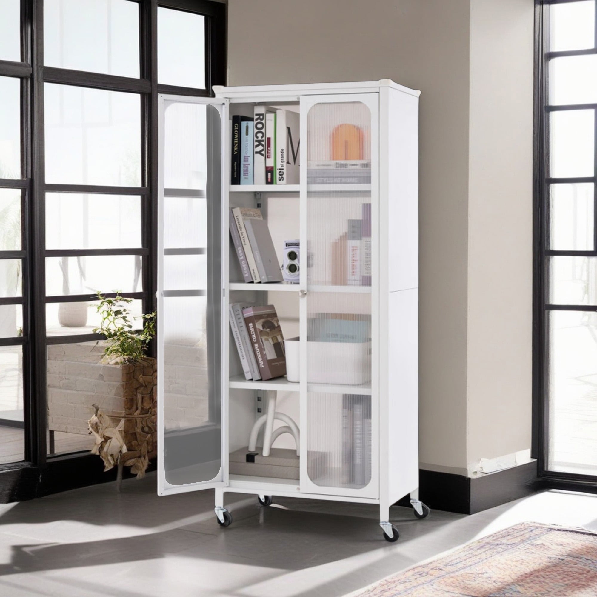 Demi Bonn Storage Cabinet, Glass Doors Storage Cabinet with Wheels and Adjustable Shelves, for Living Room, Bedroom, Entryway, White
