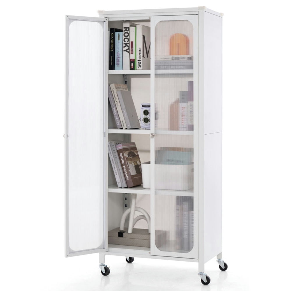 Finihen Storage Cabinet, Glass Doors Storage Cabinet with Wheels and Adjustable Shelves, for Living Room, Bedroom, Entryway, White