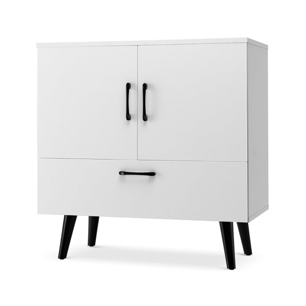 Finihen Storage Cabinet, Mid Century Storage Cabinet with 2 Doors and 1 Pull-out Drawer, for Living Room, Home, Office, Entryway, White