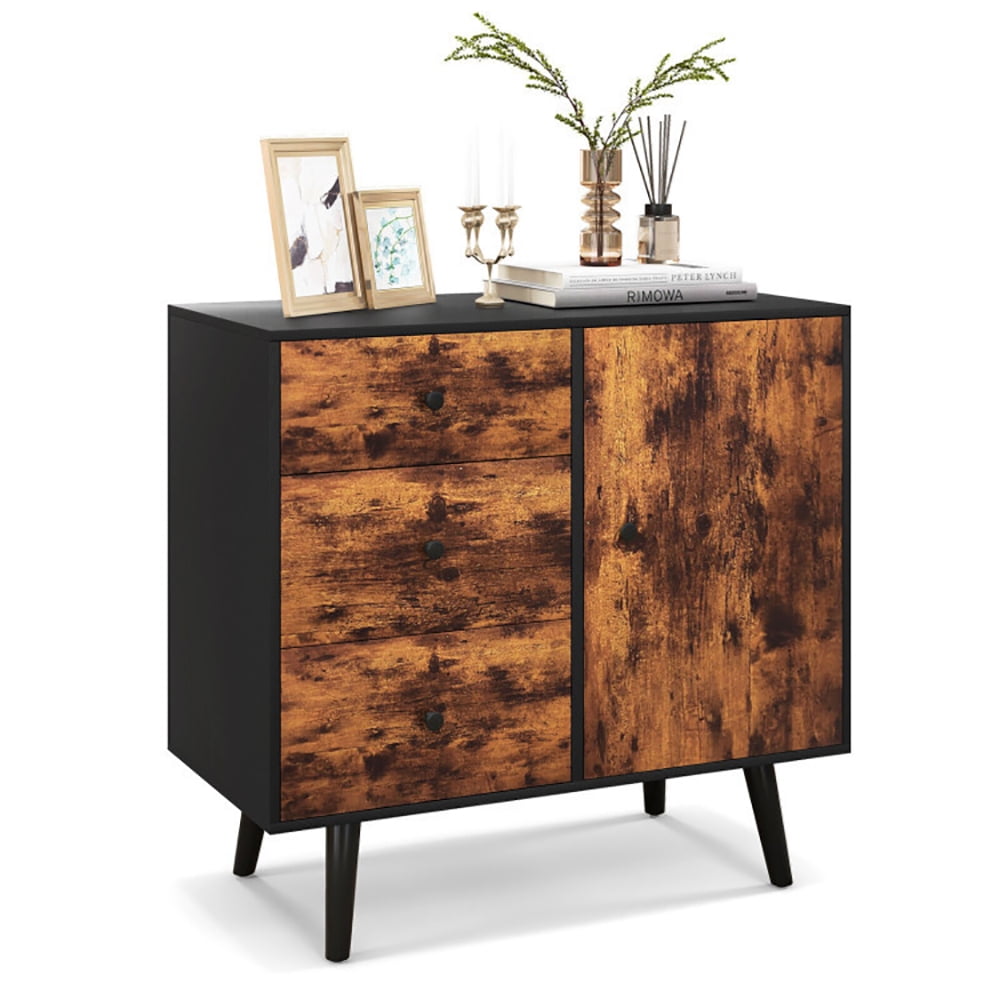 Finihen Storage Cabinet, Mid-Century Wood Storage Cabinet with Door and 3 Drawers, Cabinet for Living Room, Home, Office, Entryway, Brown