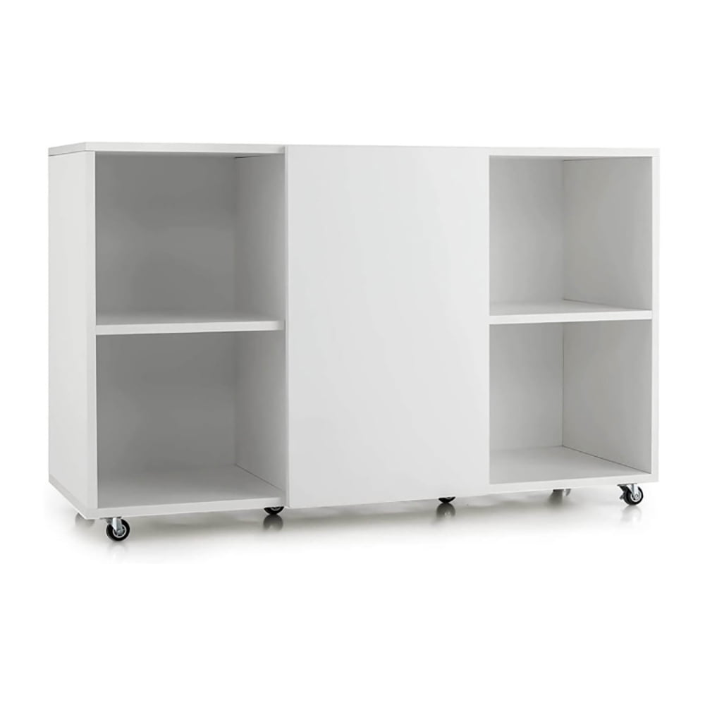 Finihen Storage Cabinet, Wood Storage Cabinet with Wheels and 6 Compartments, for Living Room, White