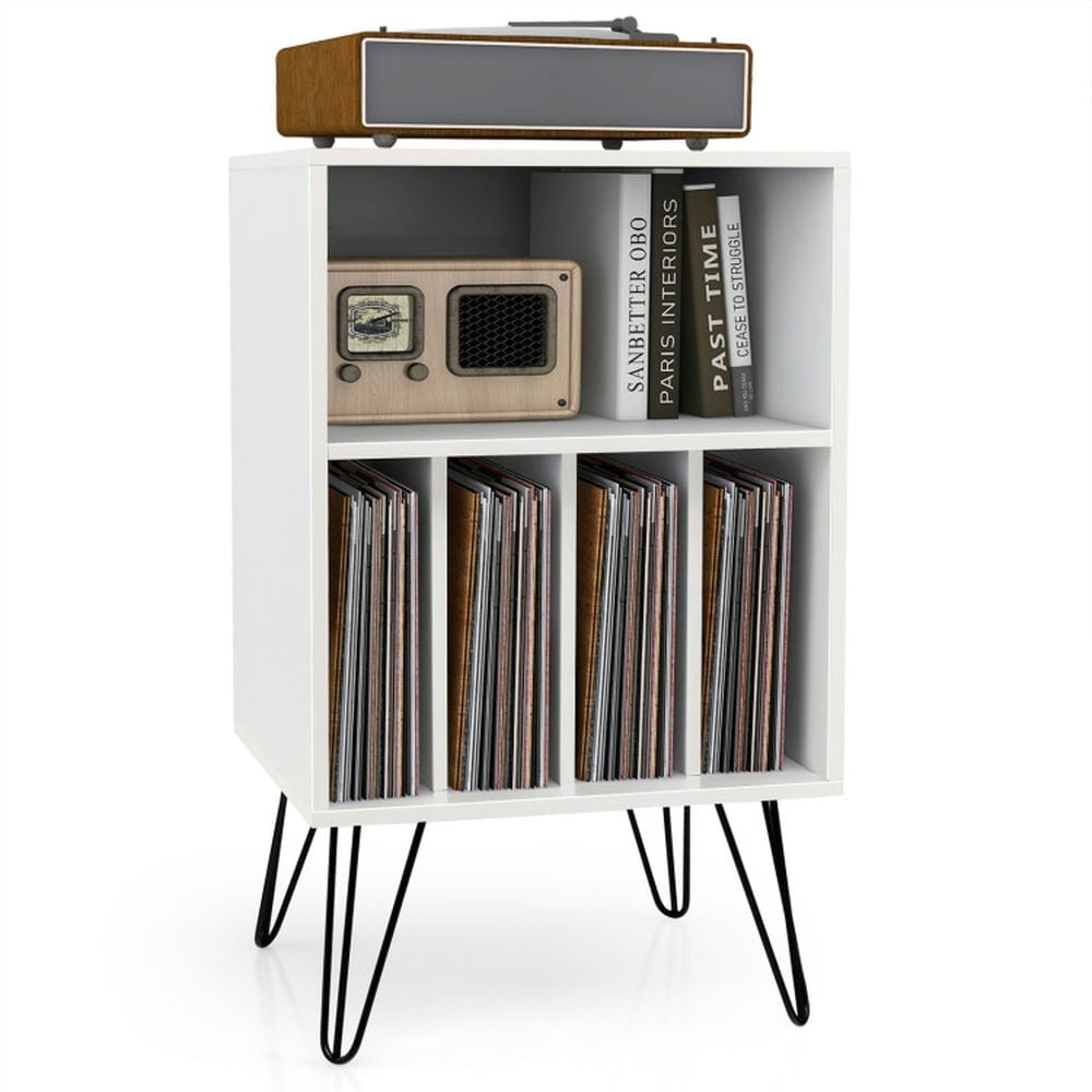Demi Bonn Storage File Cabinet with Metal Legs, Freestanding Record Player Stand Record, White