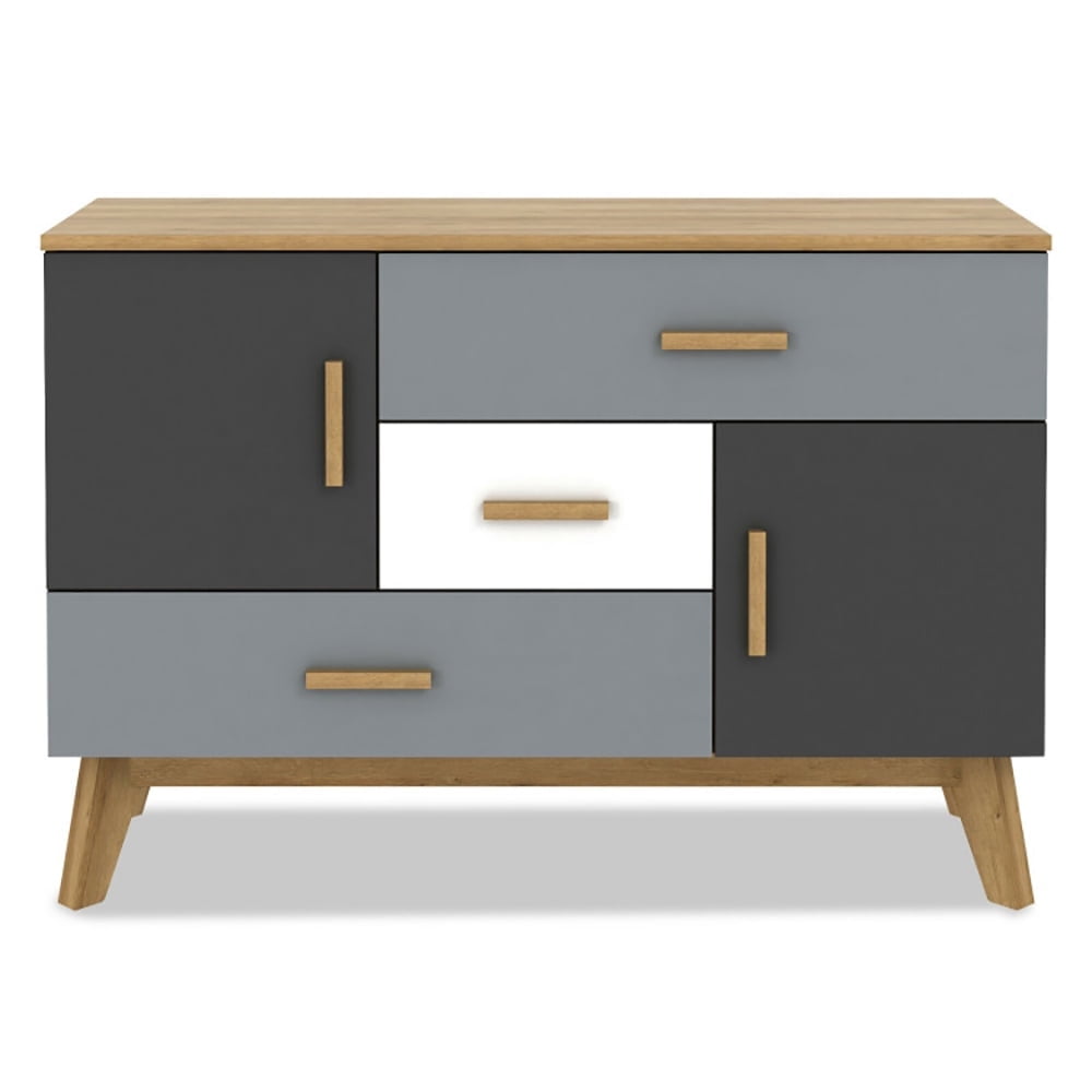 Demi Bonn Storage Floor Cabinet, Free-standing Storage Floor Cabinet with 2 Doors and 3 Drawers, for Living Room, Home, Office, Entryway, Gray