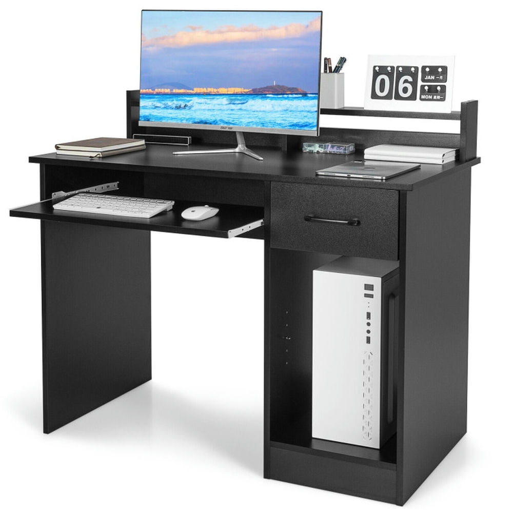 Finihen Study Laptop Table with Drawer and Keyboard Tray, Small Home Office Desk Study Writing Table, Black