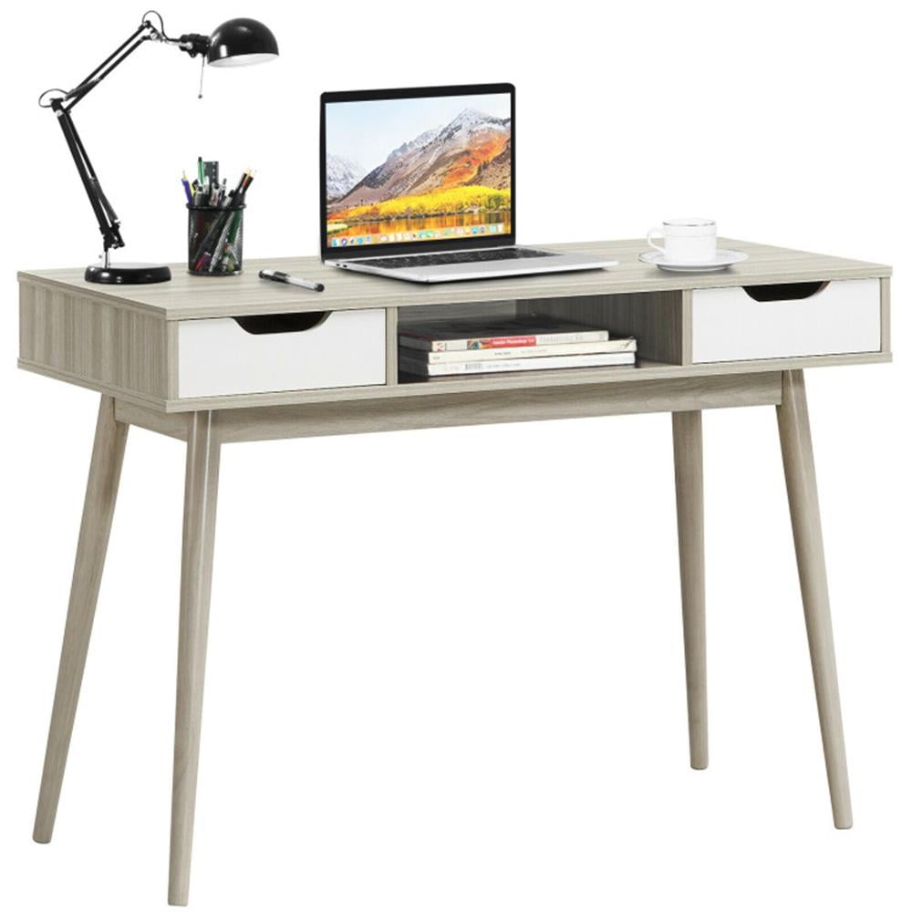 Finihen Stylish Computer Desk Workstation with 2 Drawers and Solid Wood Legs, Small Home Office Desk Study Writing Table, Gray