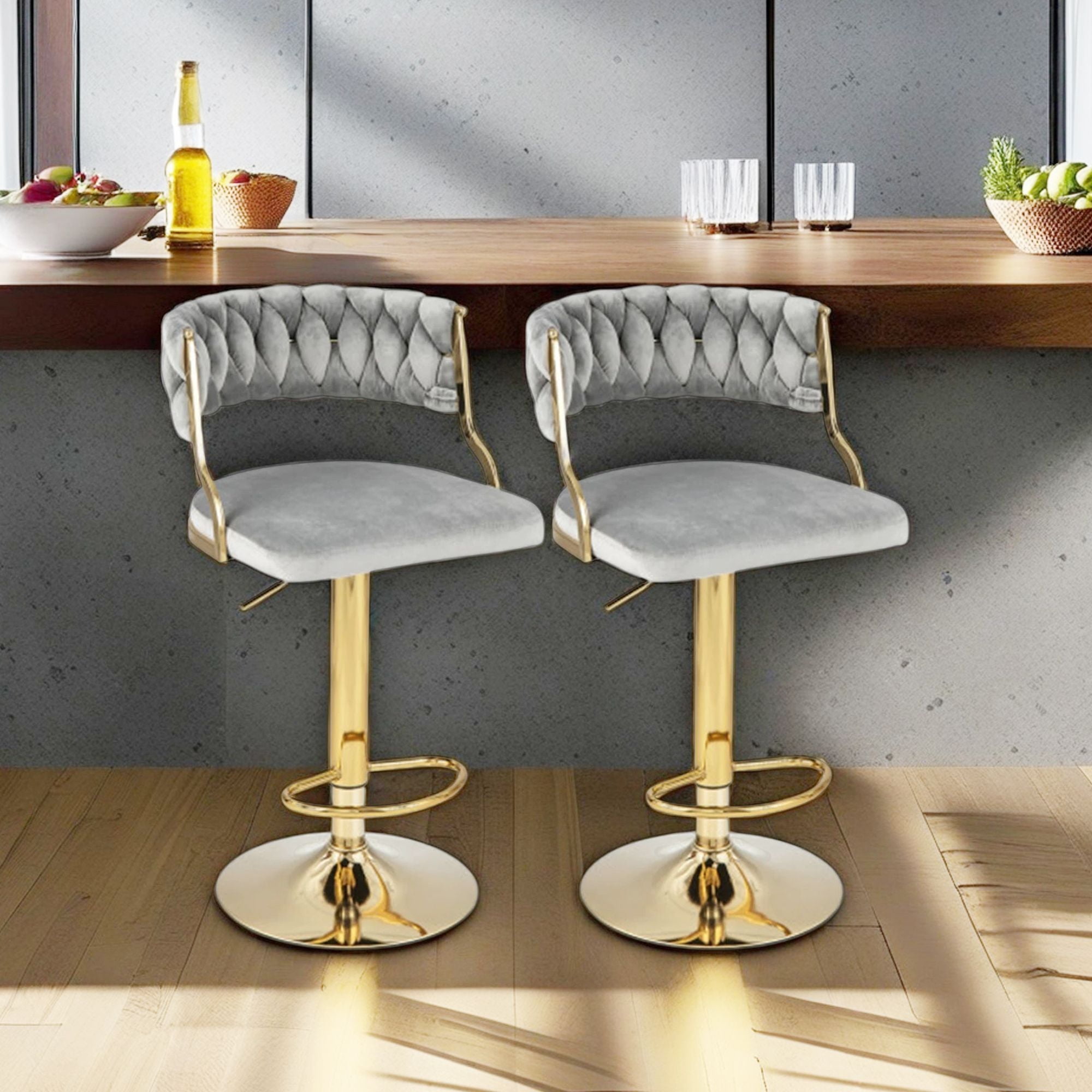 Demi Bonn Swivel Barstool with Woven Back Set of 2 for Kitchen Island Cafe Dining Chairs, Gray