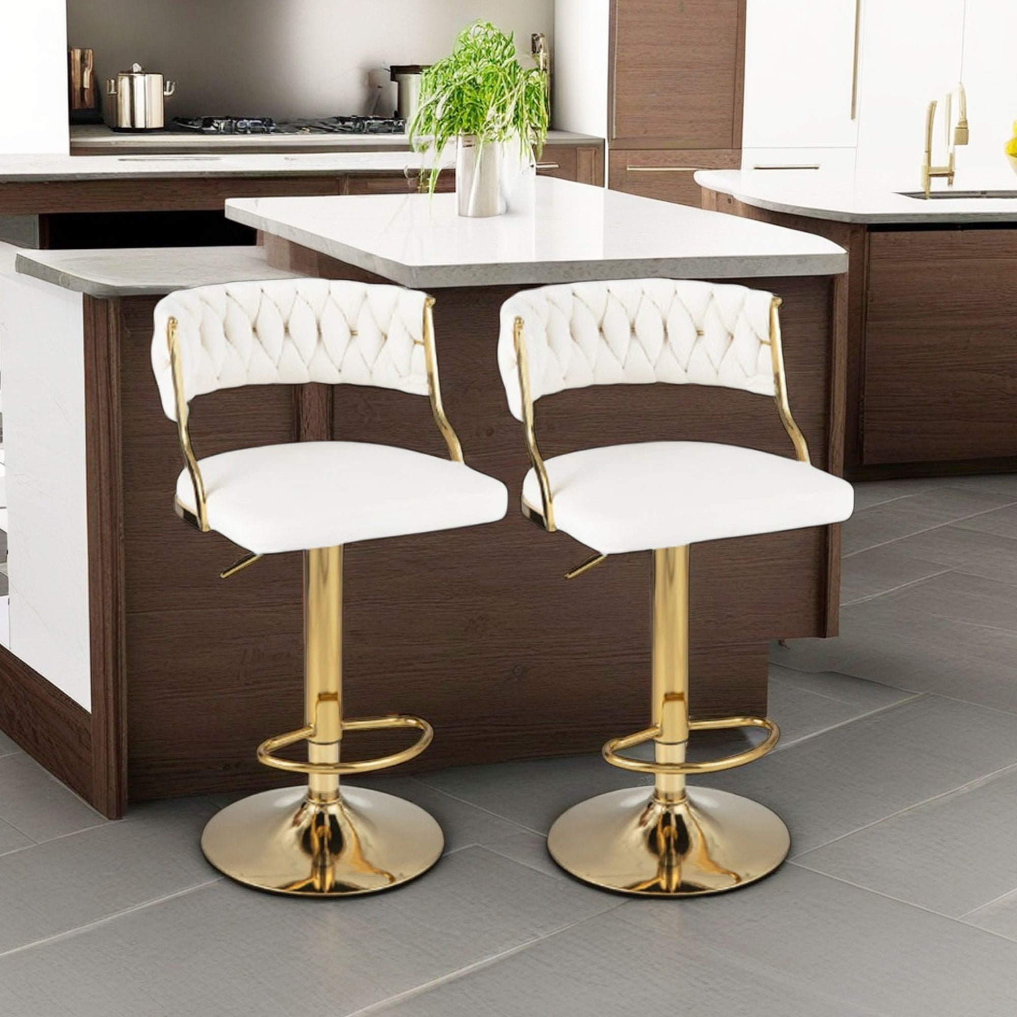 Finihen Swivel Barstool with Woven Back Set of 2 for Kitchen Island Cafe Dining Chairs, White