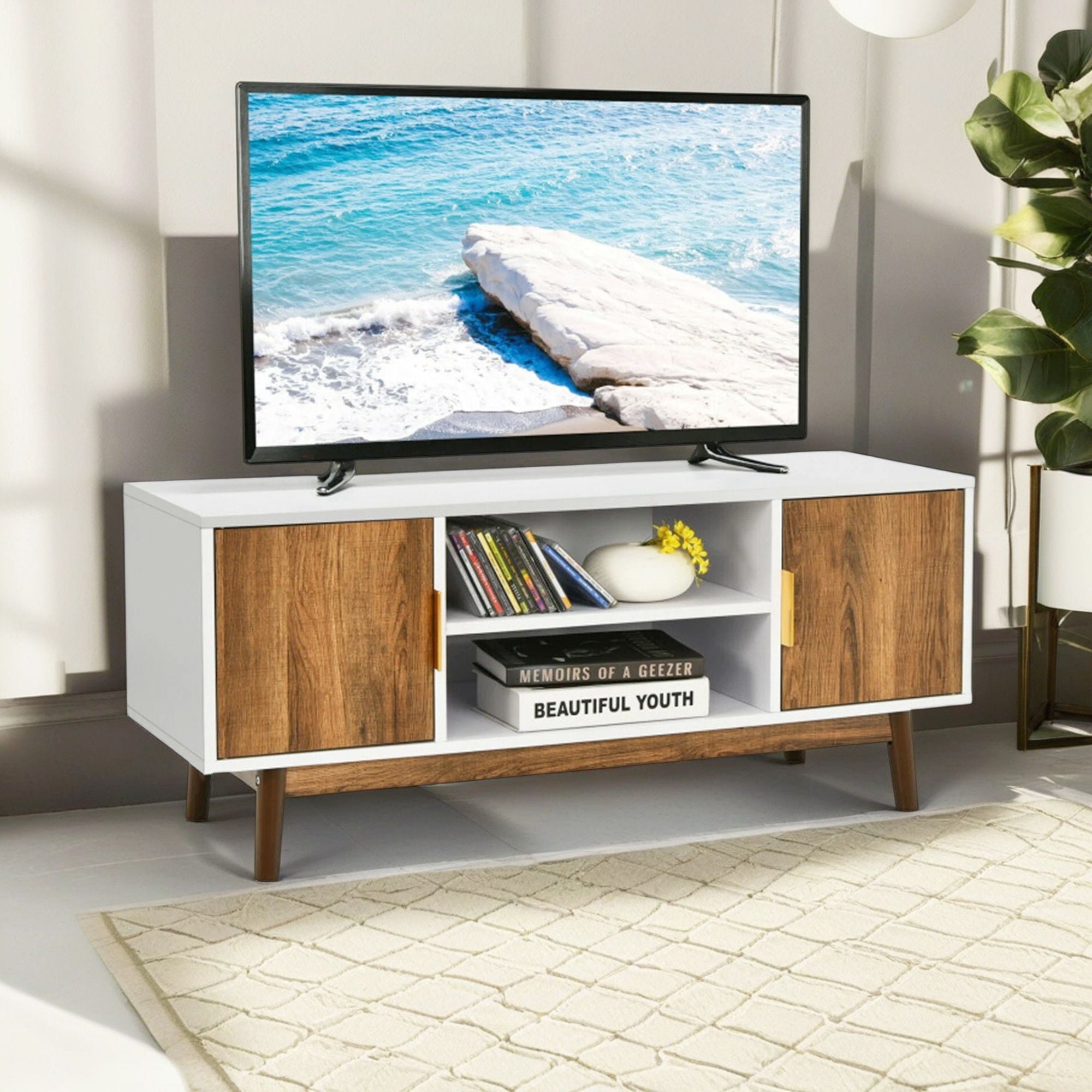 Demi Bonn TV Cabinet, 2 Door TV Stand with 2 Cabinets and Open Shelves for TVs Up to 50" TV, Media Entertainment Center with Storage, for Living Room, Bedroom, White & Oak