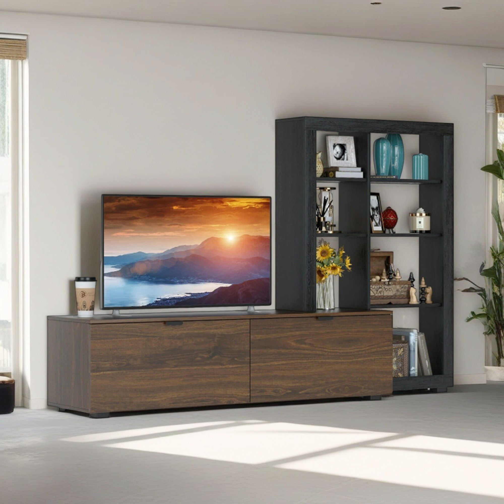 Demi Bonn TV Cabinet, 2-In-1 TV Stand with 4-tier Bookshelf for TVs up to 50", Media Entertainment Center with Storage, for Living Room, Bedroom, Walnut