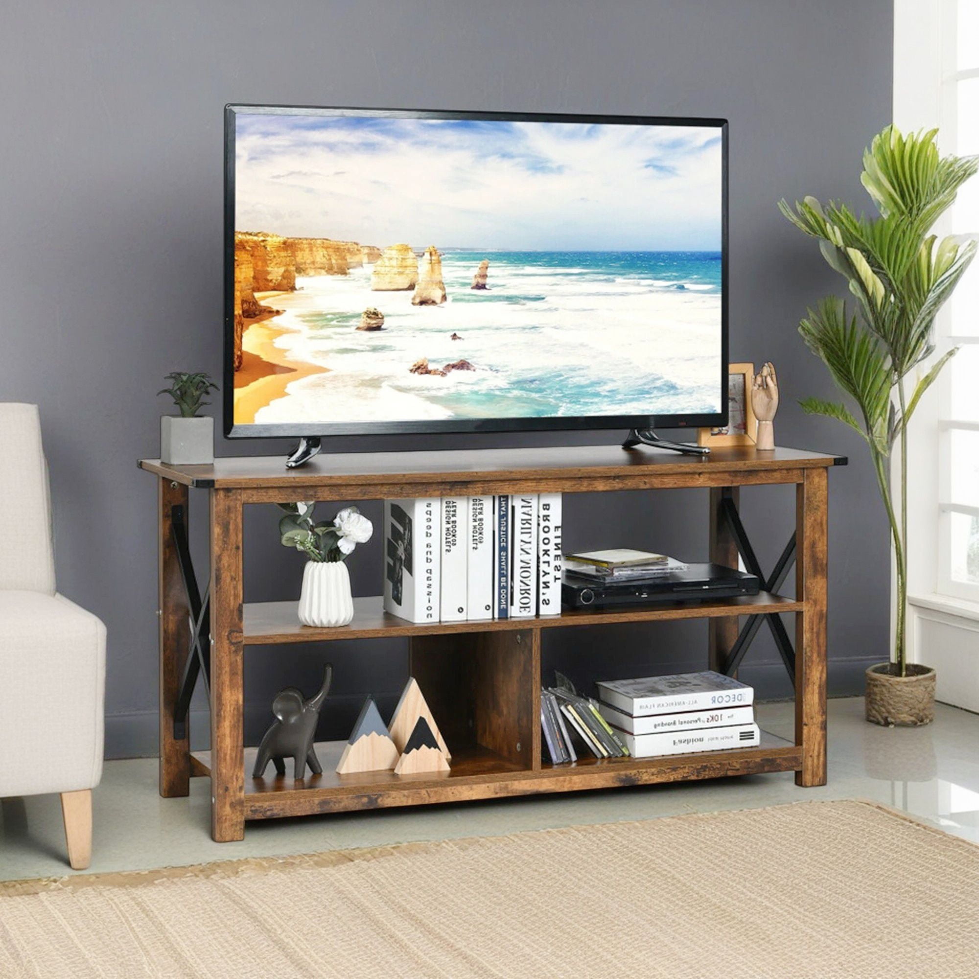Demi Bonn TV Cabinet, 3 Tier Wood TV Stand for 55" with Open Shelves and X-Shaped Frame, Media Entertainment Center with Storage, for Living Room, Bedroom, Brown