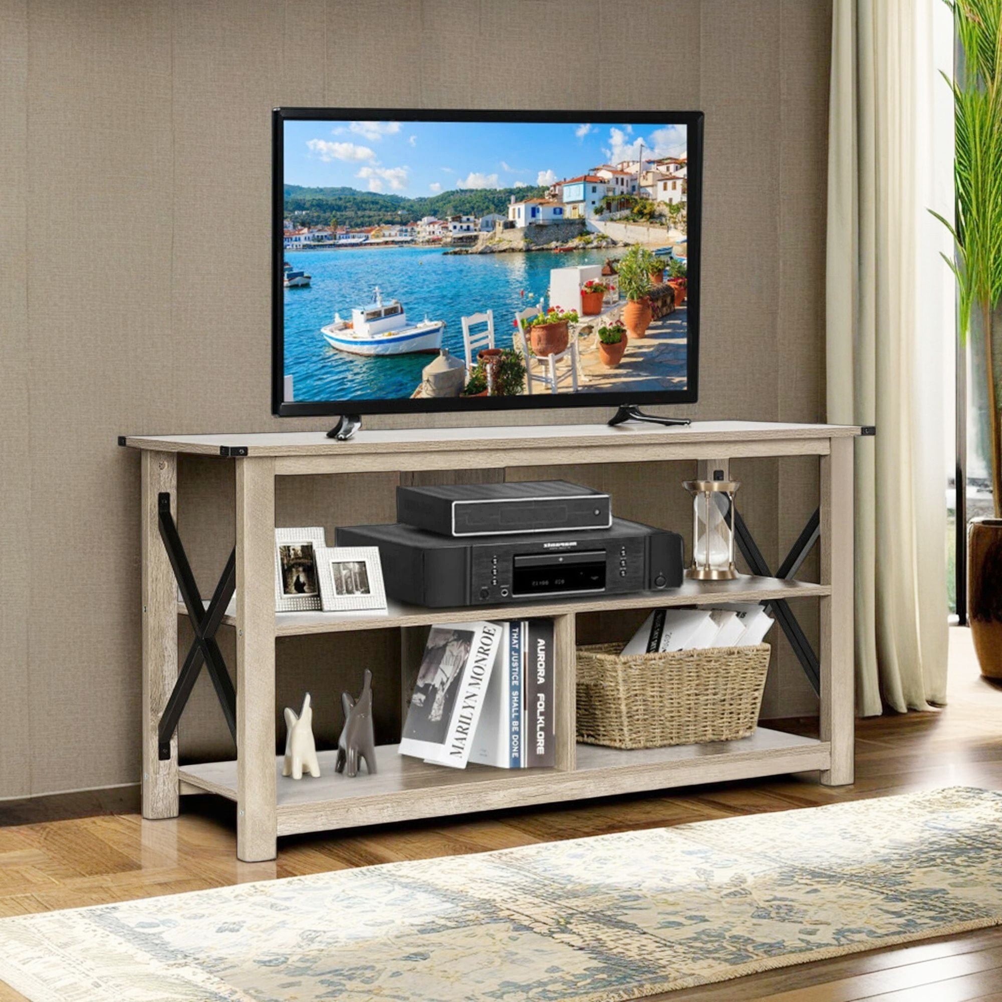 Demi Bonn TV Cabinet, 3 Tier Wood TV Stand for 55" with Open Shelves and X-Shaped Frame, Media Entertainment Center with Storage, for Living Room, Bedroom, Gray