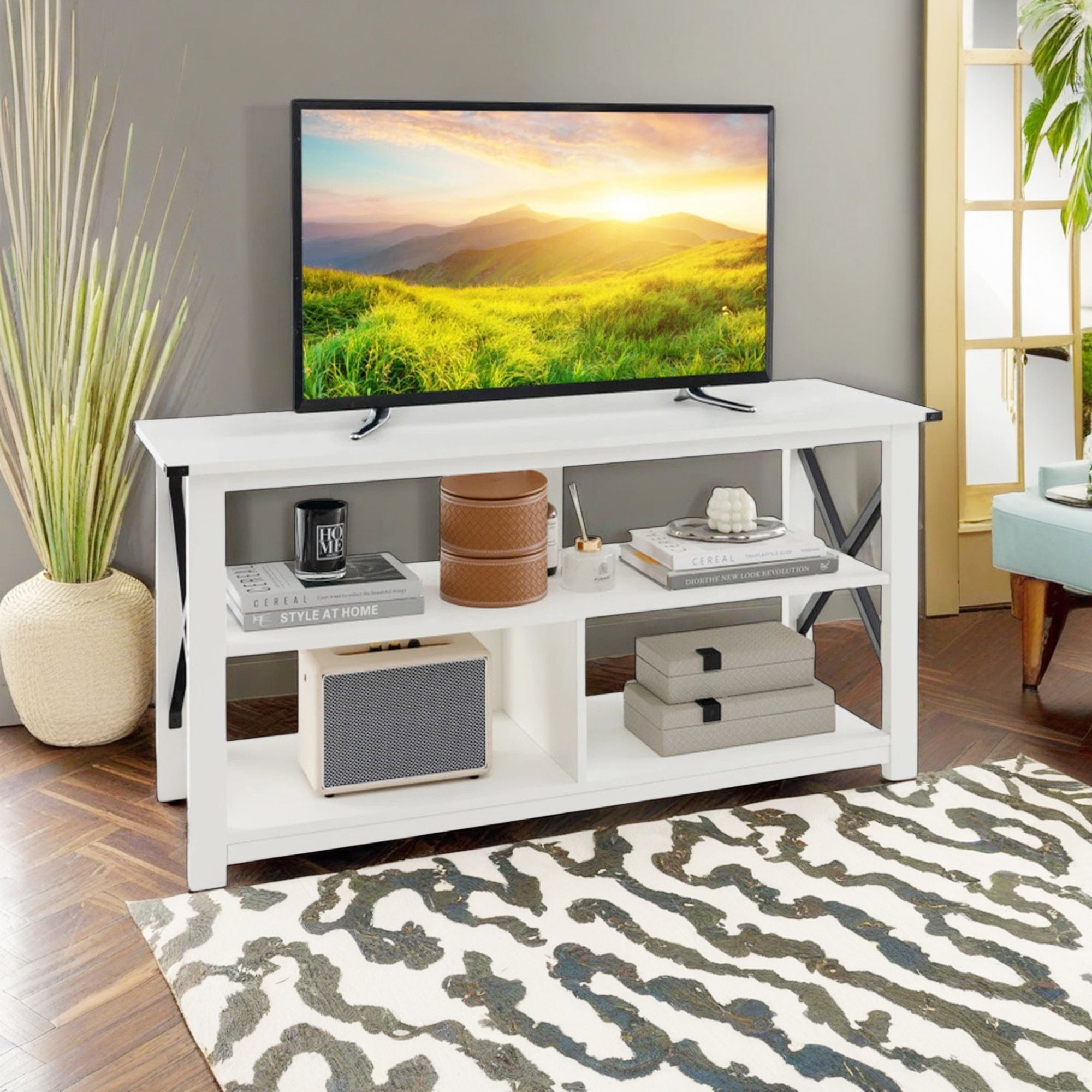 Demi Bonn TV Cabinet, 3 Tier Wood TV Stand for 55" with Open Shelves and X-Shaped Frame, Media Entertainment Center with Storage, for Living Room, Bedroom, White