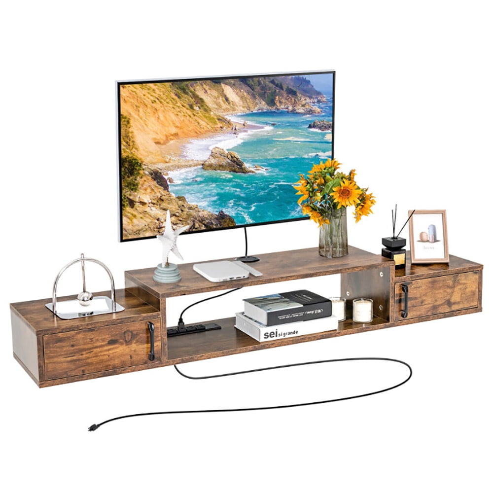 Finihen TV Stand, TV Cabinet, 55 Inches Floating TV Stand with Power Outlet, Media Entertainment Center with Storage, for Living Room, Bedroom, Rustic Brown