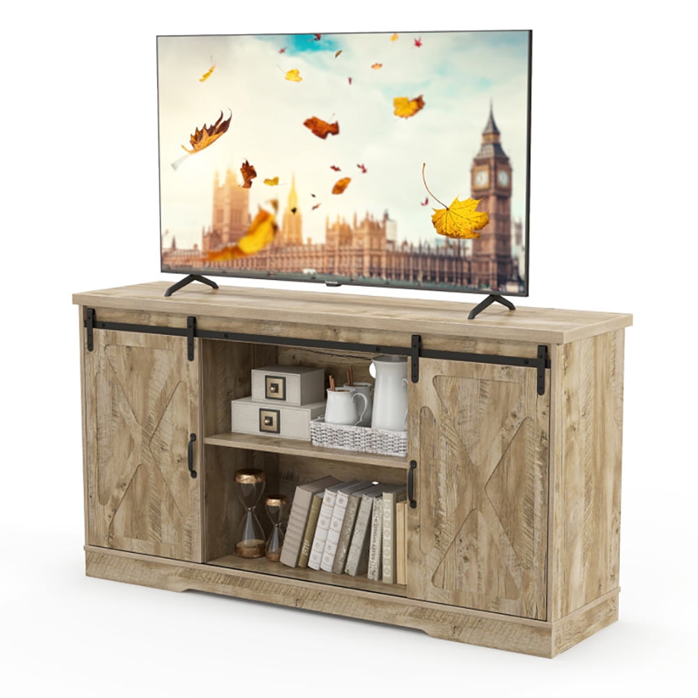 Finihen TV Stand, TV Cabinet, Farmhouse Entertainment Center with Adjustable Shelves and Storage Cabinet, Media Entertainment Center with Storage, for Living Room, Bedroom, Gray