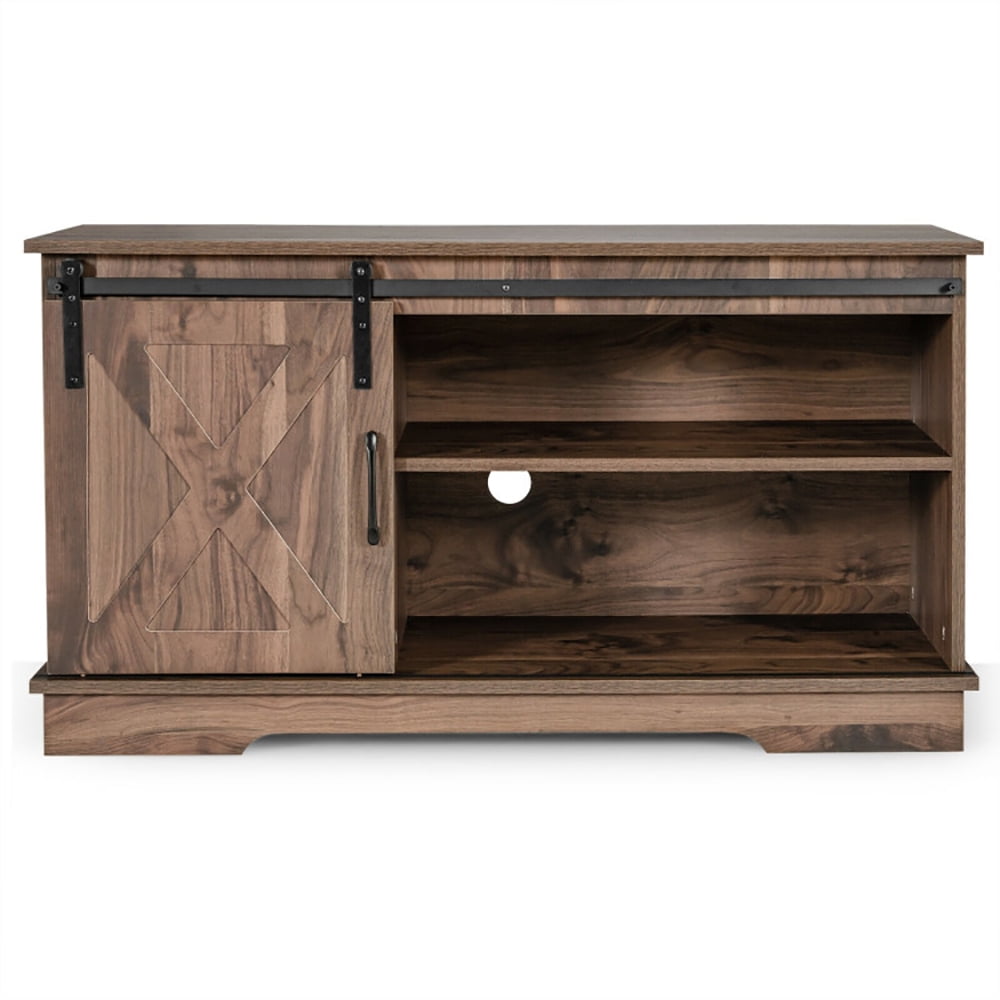 Finihen TV Stand, TV Cabinet, Sliding Barn Door TV Stand with Adjustable Shelf Cabinet, Media Entertainment Center with Storage, for Living Room, Bedroom, Dark Walnut