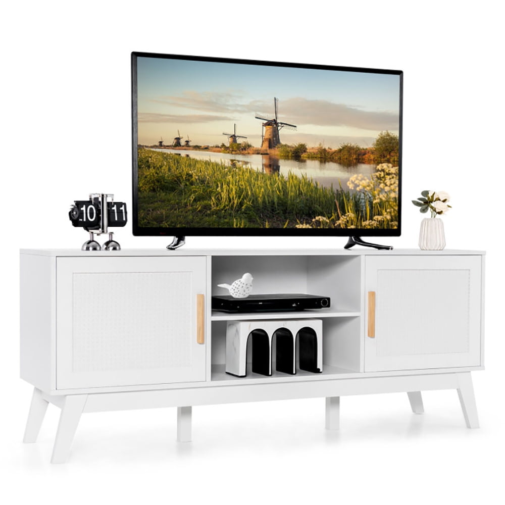 Finihen TV Stand, TV Cabinet, TV Stand Entertainment Media Console with 2 Rattan Cabinets and Open Shelves, Media Entertainment Center with Storage, for Living Room, Bedroom, White