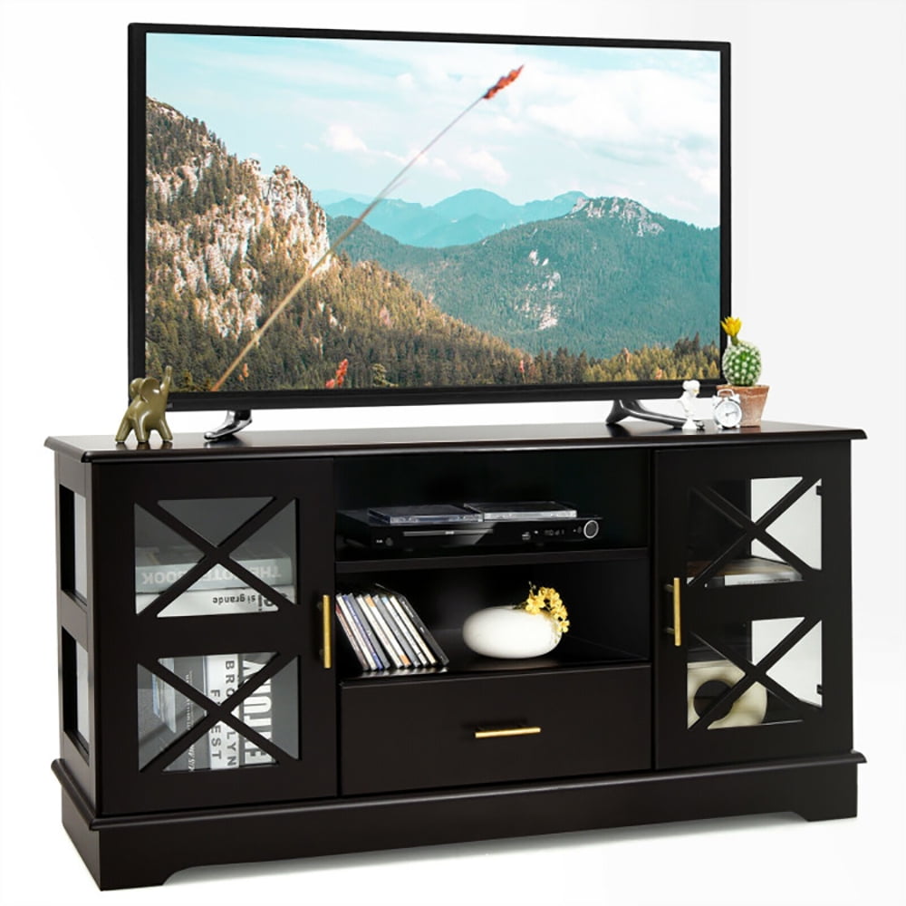 Finihen TV Stand, TV Cabinet, Wood TV Stand with 2 Glass Door Cabinets and 2-Tier Adjustable Shelves, Media Entertainment Center with Storage, for Living Room, Bedroom, Brown