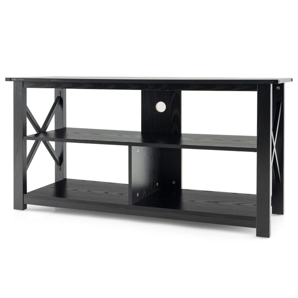 Finihen TV Stand, Entertainment Center, 3 Tier Wood TV Stand for 55-Inch with Open Shelves and X-Shaped Frame, for Living Room, Black