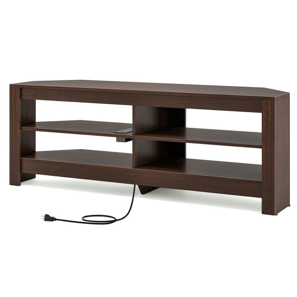 Finihen TV Stand, Entertainment Center, Corner TV Stand with Power Outlet and 4 Open Storage Shelves, for Living Room, Brown