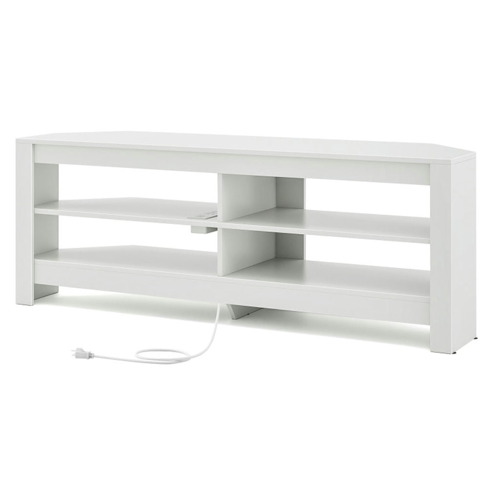 Finihen TV Stand, Entertainment Center, Corner TV Stand with Power Outlet and 4 Open Storage Shelves, for Living Room, White Finihen TV Stand, Entertainment Center, Corner TV Stand with Power Outlet and 4 Open Storage Shelves, for Living Room, White