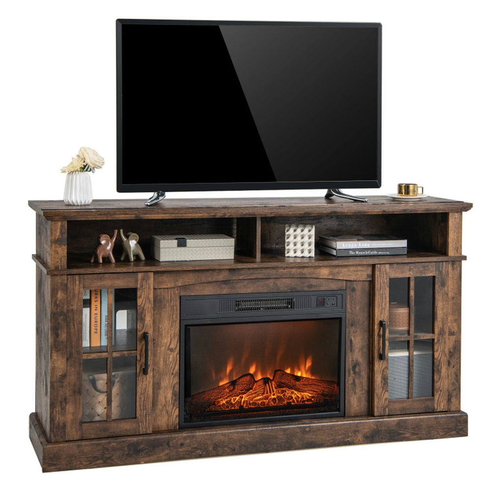 Finihen TV Stand, Entertainment Center, Fireplace TV Stand for TVs Up to 65 Inch with Side Cabinets and Remote Control, for Living Room, Brown