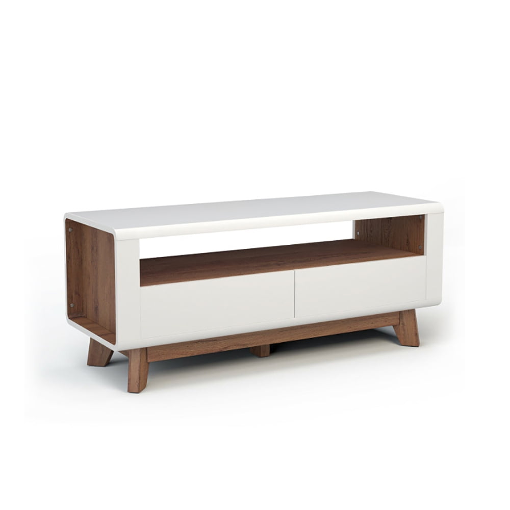 Finihen TV Stand, Media Console with 2 Pull-Out Drawers and Open Compartment for TVs up to 50 Inch, Media Entertainment Center with Storage, for Living Room, Bedroom, White & Oak