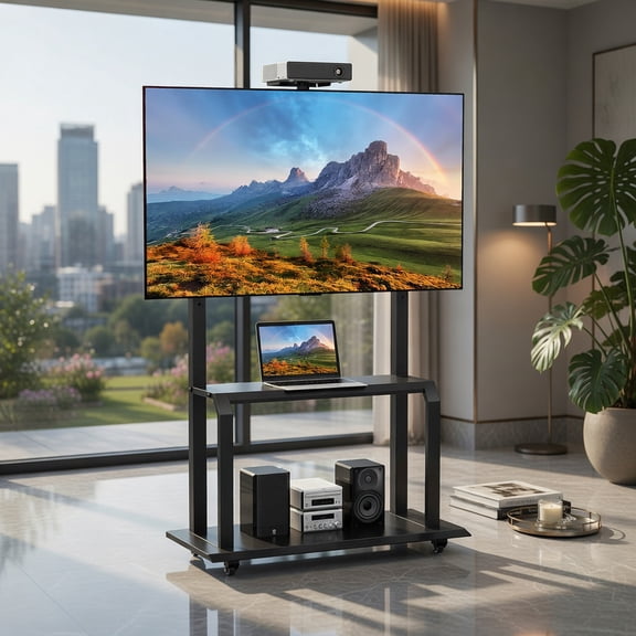 Demi Bonn TV Stand, Mobile Media Console stand, Mobile TV Stand with Camera Shelf and AV Shelves for 32-80 Inch Flat/Curved TVs, for Living Room, Bedroom, Black