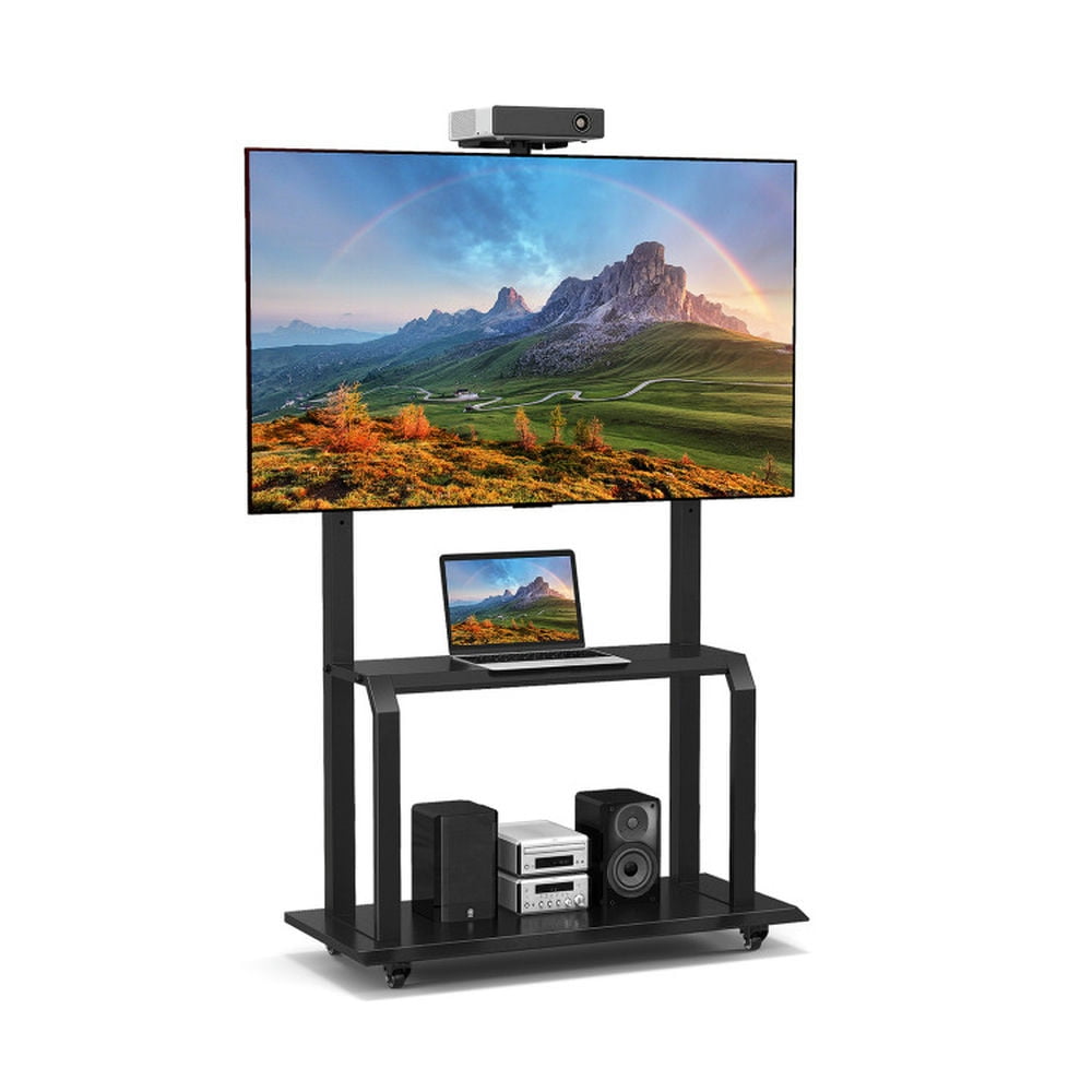 Finihen TV Stand, Mobile Media Console stand, Mobile TV Stand with Camera Shelf and AV Shelves for 32-80 Inch Flat/Curved TVs, for Living Room, Bedroom, Black