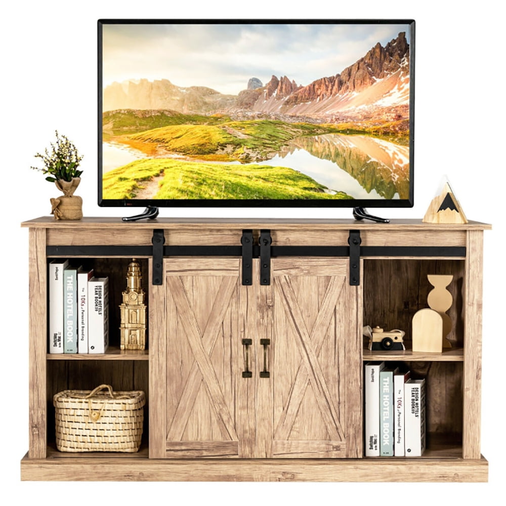 Finihen TV Stand, TV Cabinet, 55 Inch Sliding Barn Door TV Stand with Adjustable Shelves for TVs up to 65 Inch, for Living Room, Bedroom, Natural