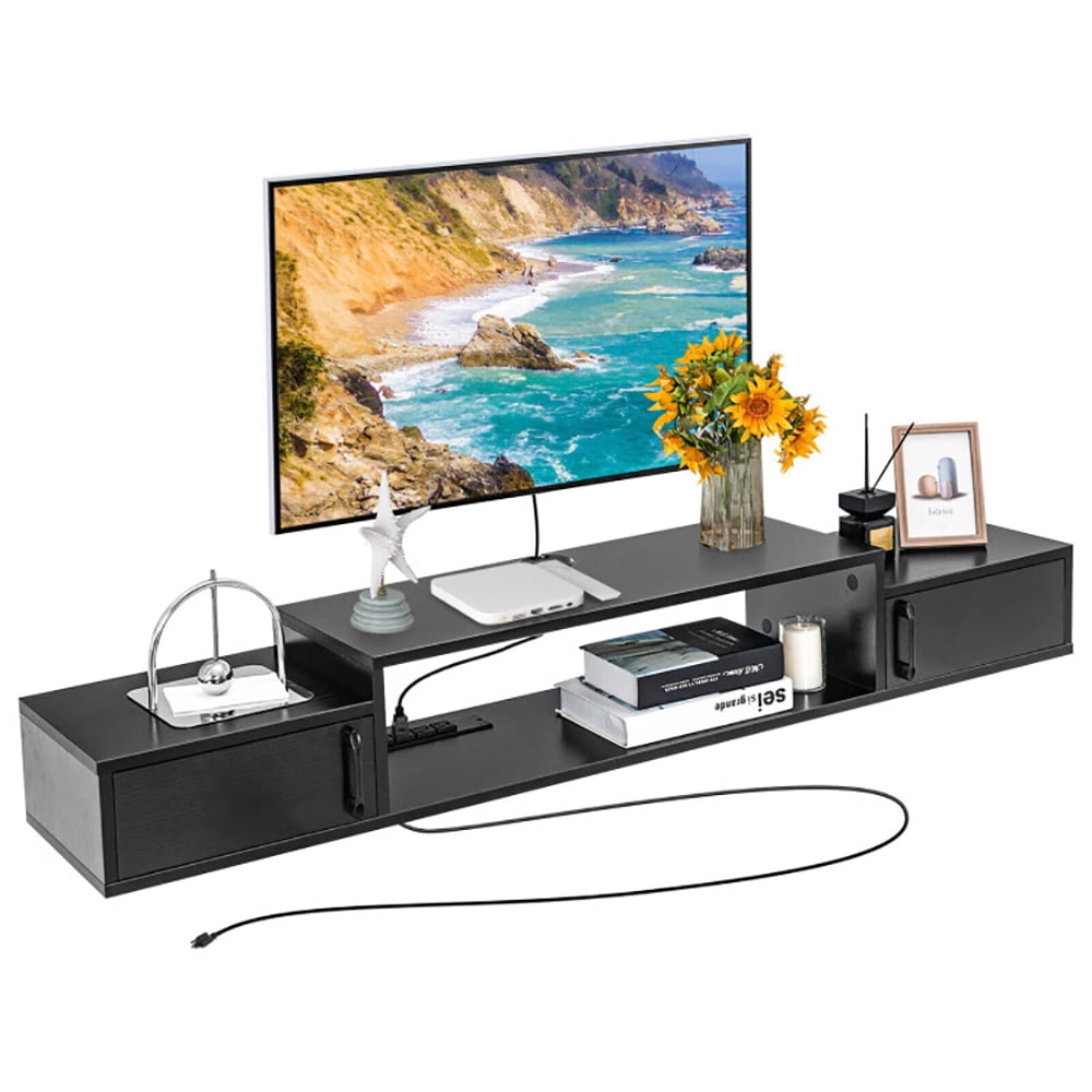 Finihen TV Stand, TV Cabinet, 55 Inches Floating TV Stand with Power Outlet, Media Entertainment Center with Storage, for Living Room, Bedroom, Black