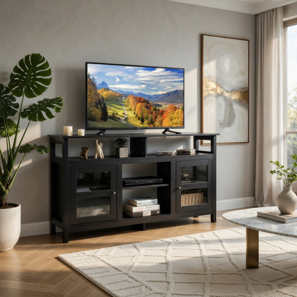 Demi Bonn TV Stand, TV Cabinet, 58 Inch TV Stand Entertainment Console Center with 2 Cabinets, Media Entertainment Center with Storage, for Living Room, Bedroom, Black