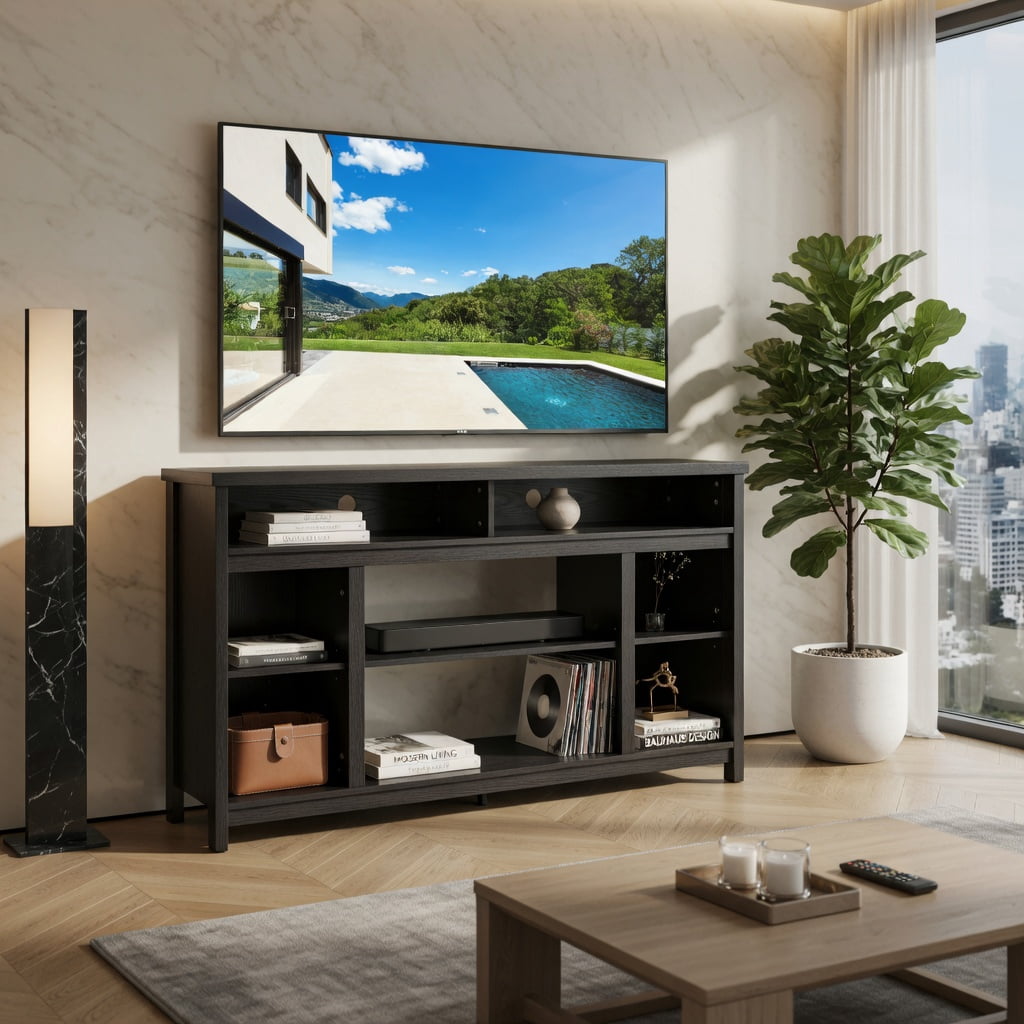 Demi Bonn TV Stand, TV Cabinet, 58 Inch TV Stand Entertainment Console Center with Adjustable Open Shelves, Media Entertainment Center with Storage, for Living Room, Bedroom, Black