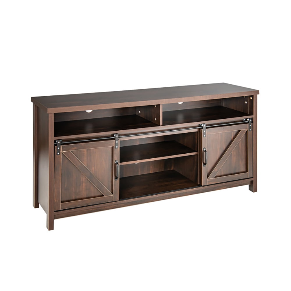 Finihen TV Stand, TV Cabinet, 59 Inch Sliding Barn Door TV Stand with Adjustable Shelves for TVs up to 65 Inch, for Living Room, Bedroom, Brown