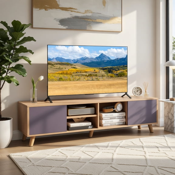 Demi Bonn TV Stand, TV Cabinet, 63 Inch TV Stand with 2 Doors and Open Shelves, for Living Room, Bedroom, Sanremo Oak & Dark Grey