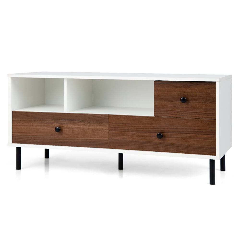 Finihen TV Stand, TV Cabinet, Mid-Century TV Stand for 50-inch TVs with 2 Cubbies and 3 Drawers, for Living Room, White & Walnut
