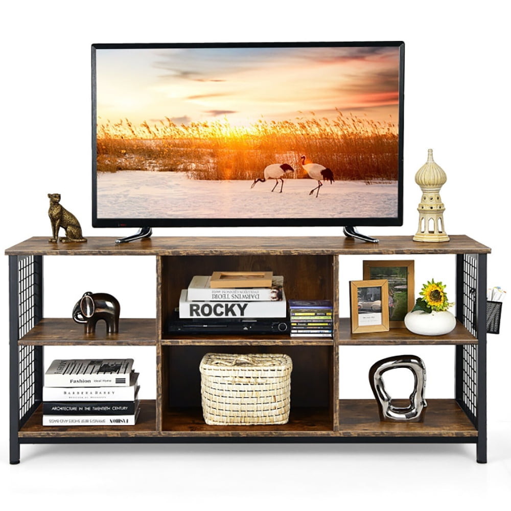Finihen TV Stand, TV Cabinet, Mid-Century Wooden TV Stand with Storage Basket for TVs up to 65 Inch, for Living Room, Bedroom, Rustic Brown
