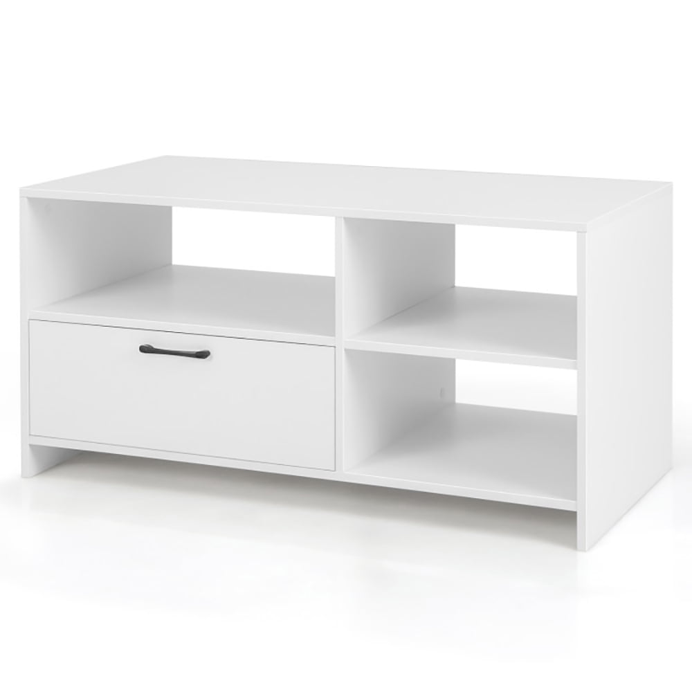 Finihen TV Stand, TV Cabinet, Modern Media Console Table with 3 Open Compartments and 1 Storage Drawer, for Living Room, Bedroom, White