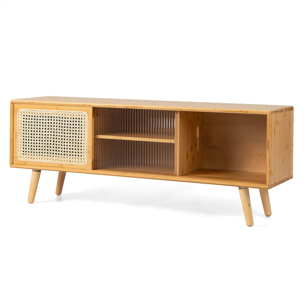 Finihen TV Stand, TV Cabinet, Modern TV Stand with Rattan Glass Sliding Doors, for Living Room, Natural