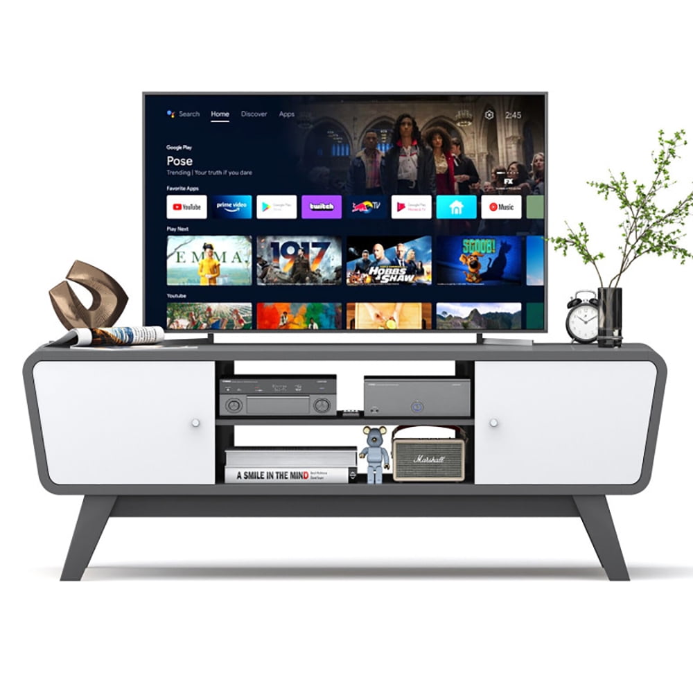 Finihen TV Stand, TV Cabinet, Sliding Door TV Stand with Adjustable Shelf for TVs up to 55 Inch, for Living Room, Bedroom, Gray