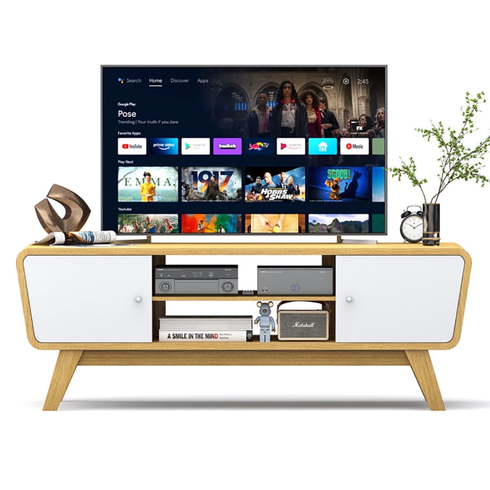Finihen TV Stand, TV Cabinet, Sliding Door TV Stand with Adjustable Shelf for TVs up to 55 Inch, for Living Room, Bedroom, Natural