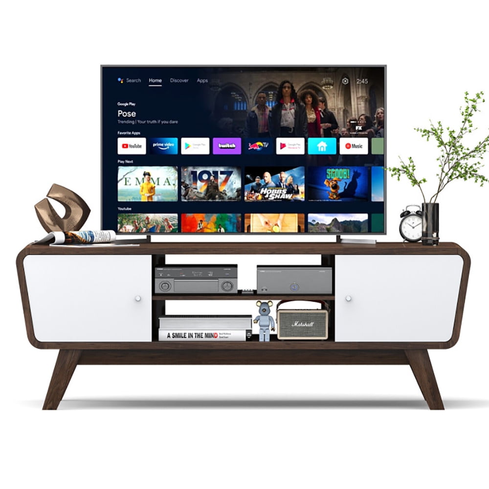 Finihen TV Stand, TV Cabinet, Sliding Door TV Stand with Adjustable Shelf for TVs up to 55 Inch, for Living Room, Bedroom, Walnut
