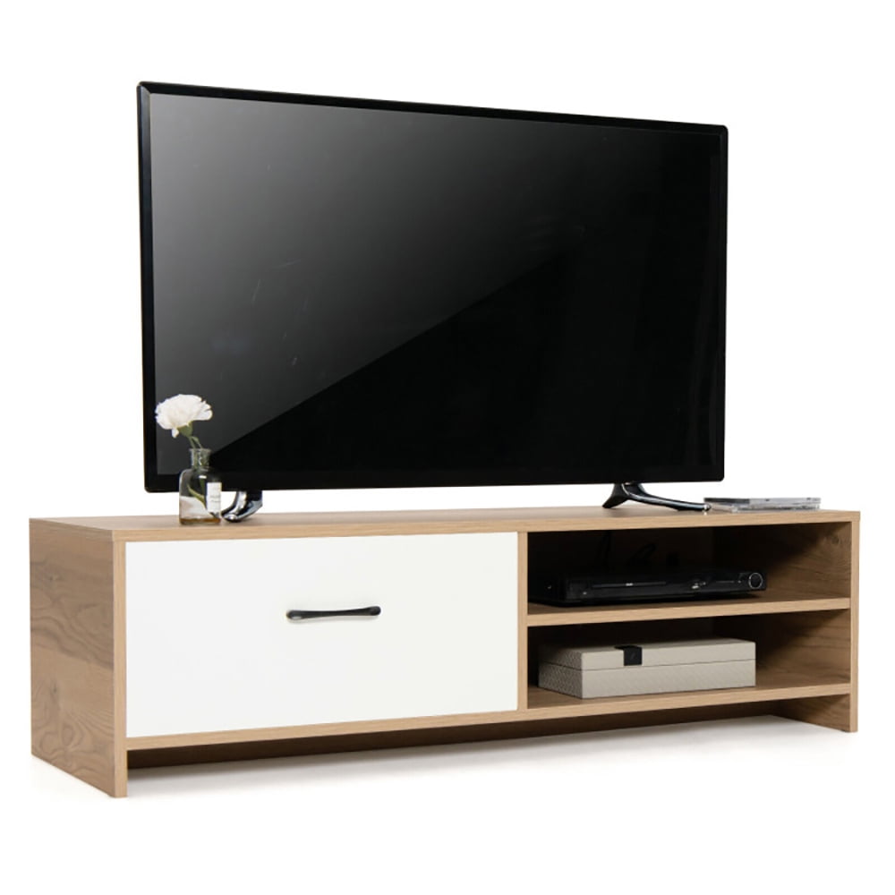 Finihen TV Stand, TV Cabinet, TV Stand for with 2 Open Shelf and Drawer for 55-Inch TV, for Living Room, Bedroom, White & Natural