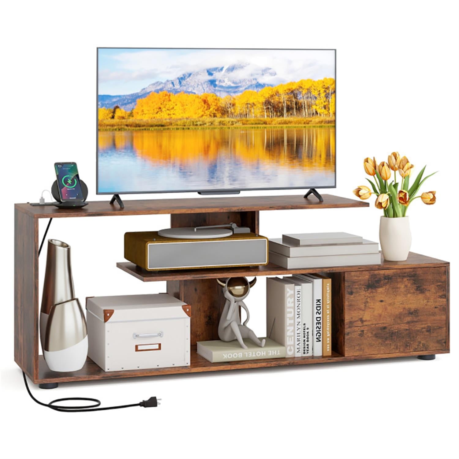 Demi Bonn TV Stand for 60" TVs, Entertainment Center with Power Outlet, Modern Media TV Console Table for Living Room Bedroom, Brown