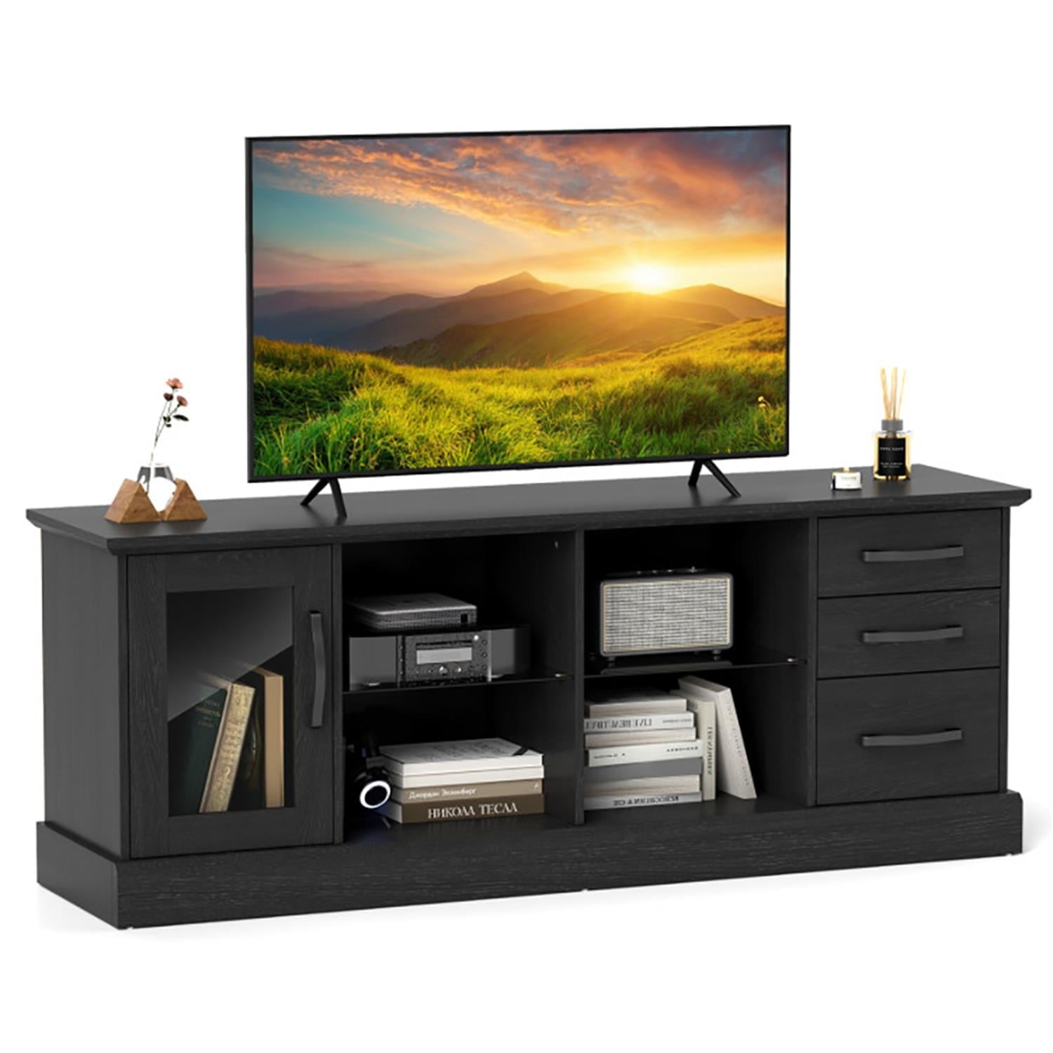 Demi Bonn TV Stand for 65" TVs, Entertainment Center with 3 Drawers and 2 Glass Shelves, Modern Media TV Console Table for Living Room Bedroom, Black