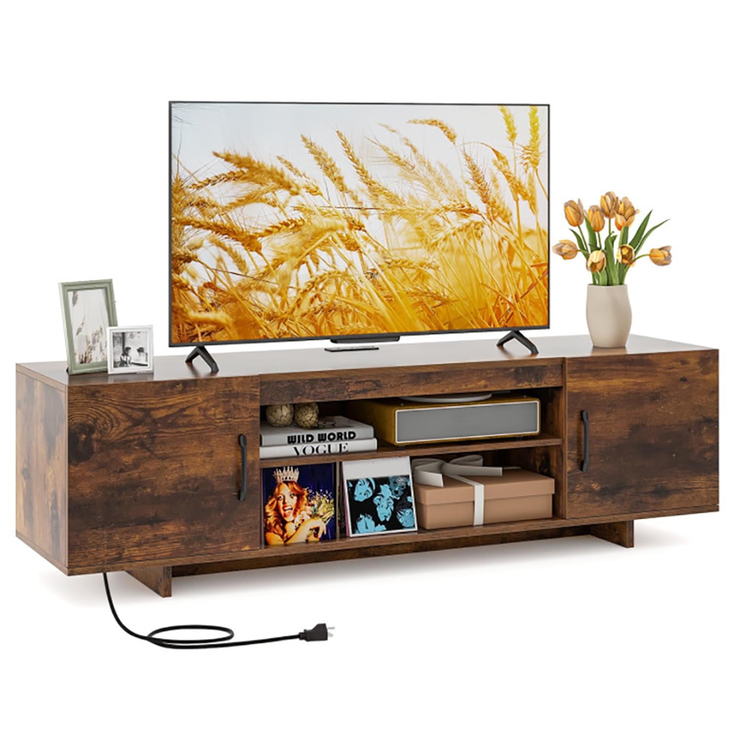 Demi Bonn TV Stand for 65" TVs, Entertainment Center with Power Outlet and 2 Cable Holes, Modern Media TV Console Table for Living Room Bedroom, Brown