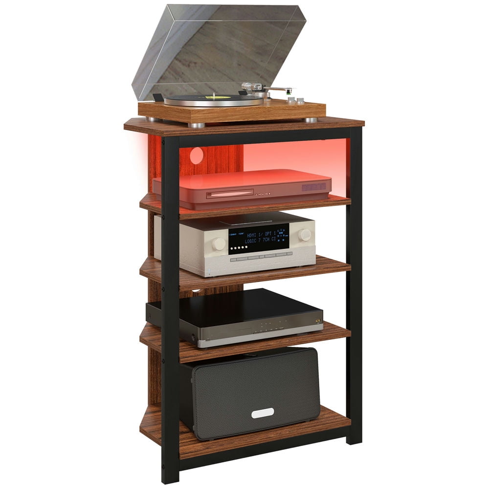 Finihen TV Stand with 4-Tier Petite Audio Rack AV Media Corner Shelf Entertainment Center, TV Unit Desk for DVD Players Game Console, Brown