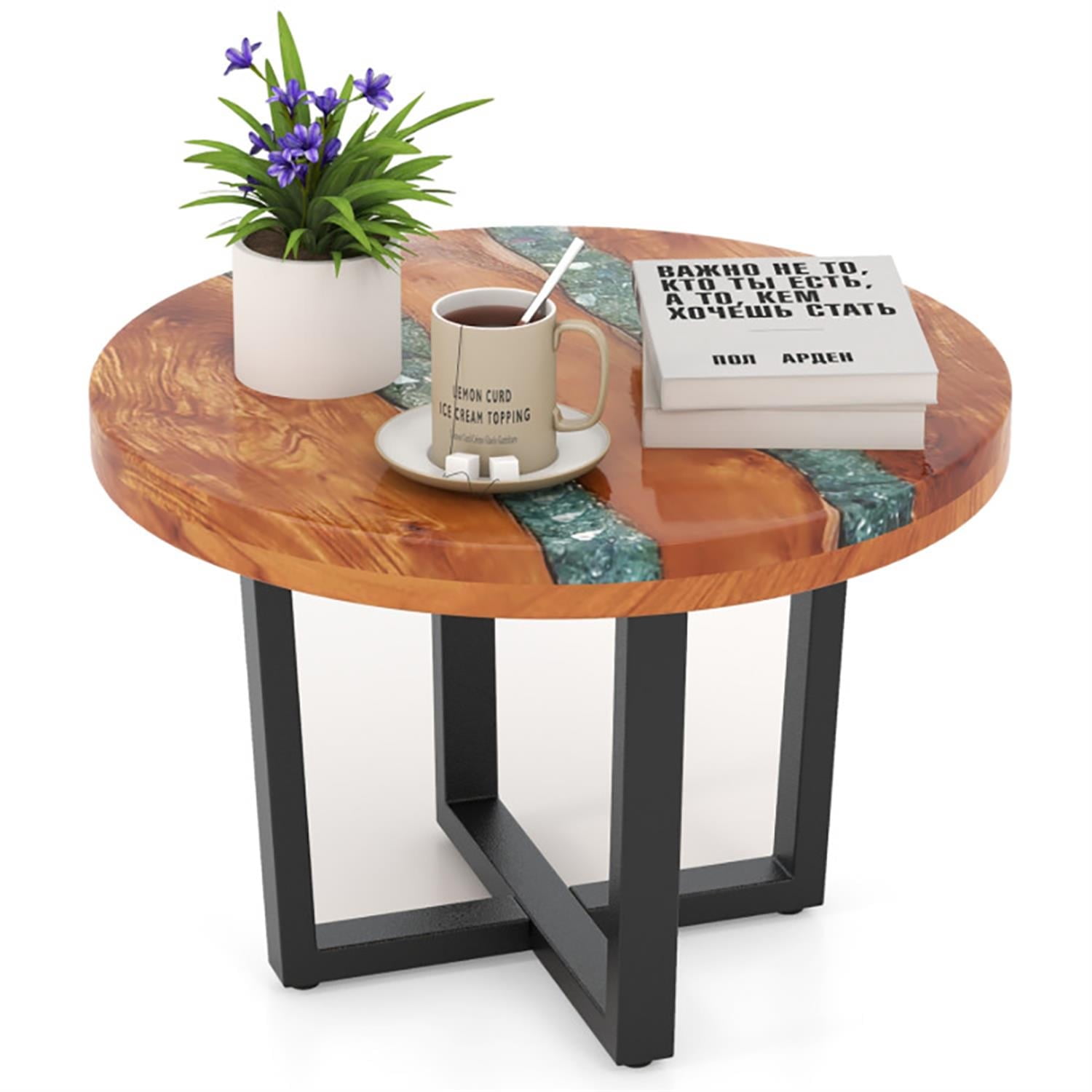 Demi Bonn Teak Wood Sofa Side Table, Outdoor Round End Table with Epoxy Resin Tabletop for Small Spaces, Living Room, Bedroom, Brown