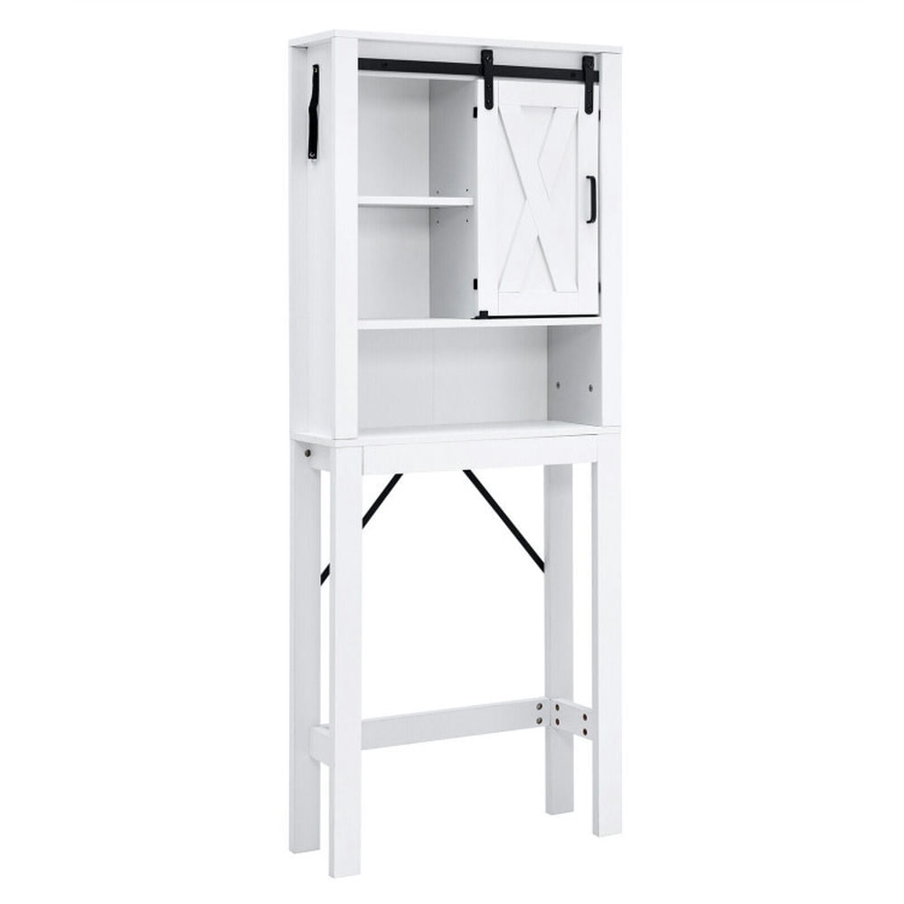 Finihen Toilet Storage Cabinet, Bathroom Cabinet Organizer, 3-Tier Wodden Bathroom Cabinet with Sliding Barn Door and 3-position Adjustable Shelves, for Bathroom, White