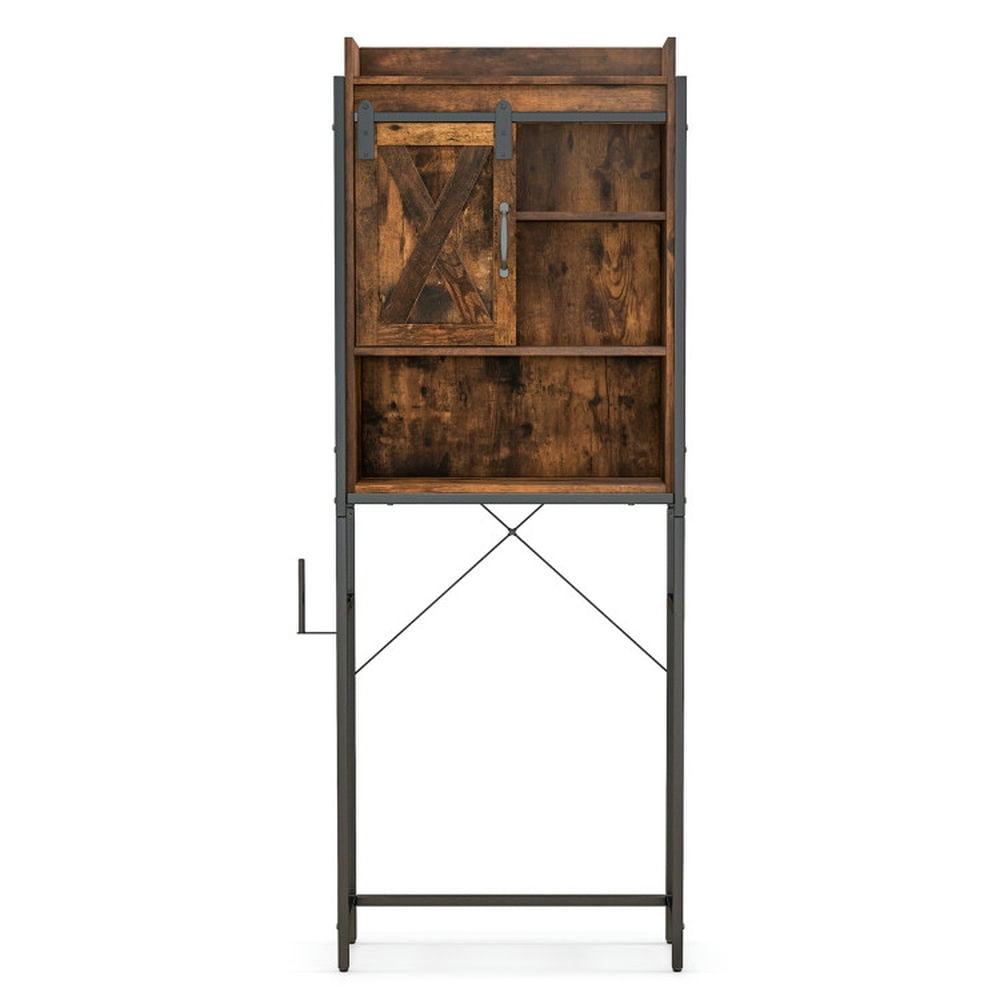 Finihen Toilet Storage Cabinet, Bathroom Cabinet Organizer, 4-Tier Multifunctional Toilet Sorage Cabinet with Adjustable Shelf and Sliding Barn Door, for Bathroom, Rustic Brown